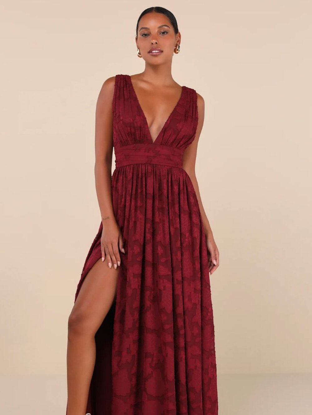 Lulus Sweet Sophistication Burgundy Burnout Floral Maxi Dress – Size L